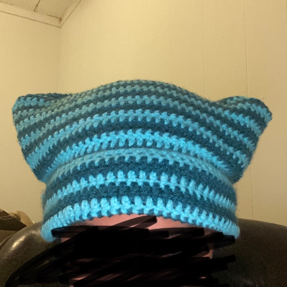 light and dark blue striped crochet cat hat SOLD